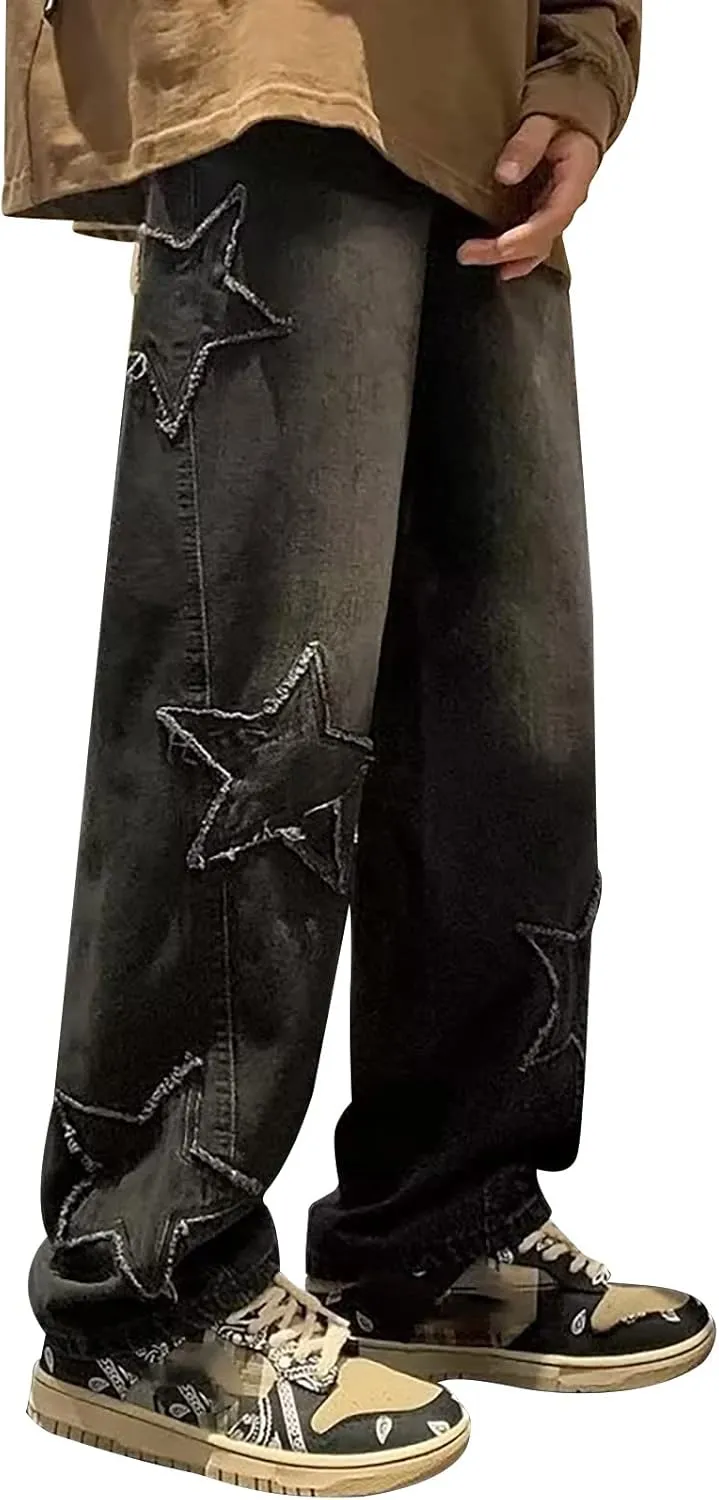 Y2k Pants Men Baggy Jeans Star Embroidery Denim Pants High Waisted Hip Hop Streetwear Casual High Street Trousers