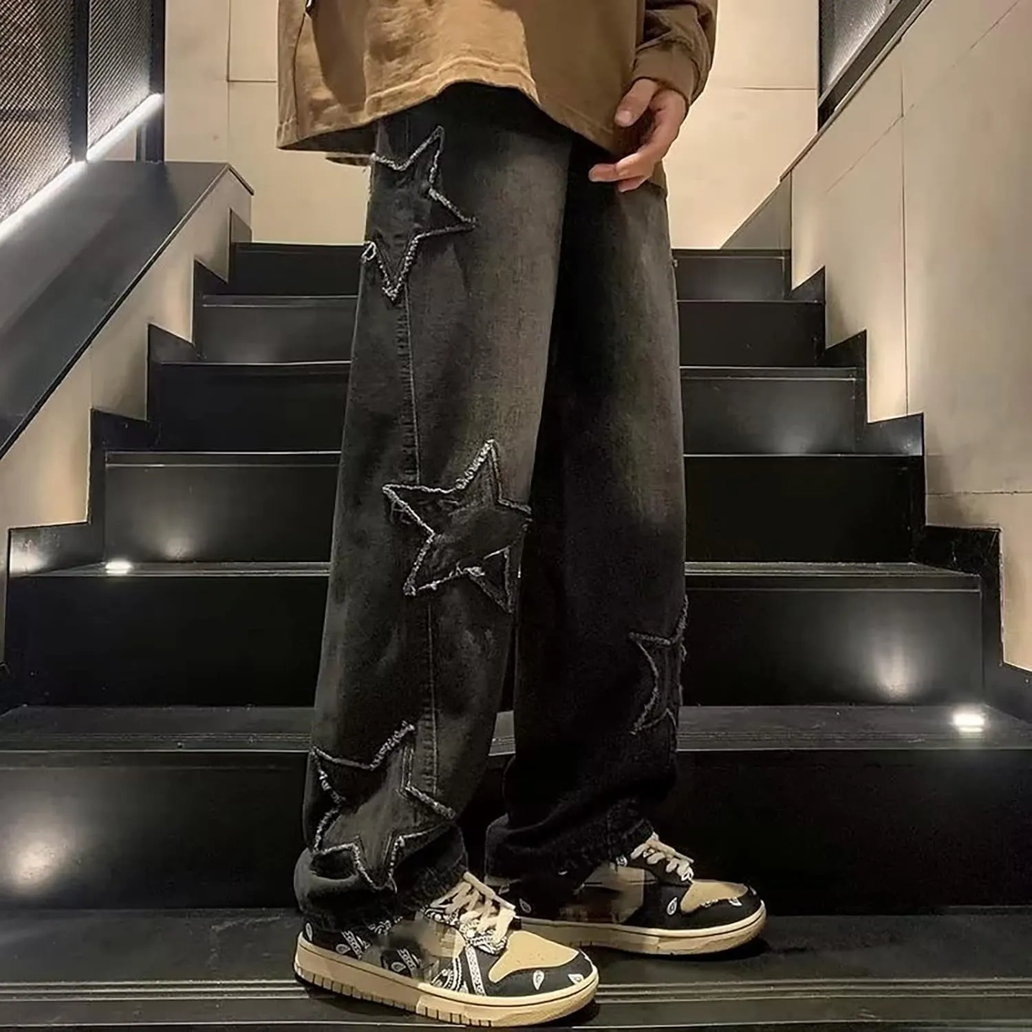 Y2k Pants Men Baggy Jeans Star Embroidery Denim Pants High Waisted Hip Hop Streetwear Casual High Street Trousers
