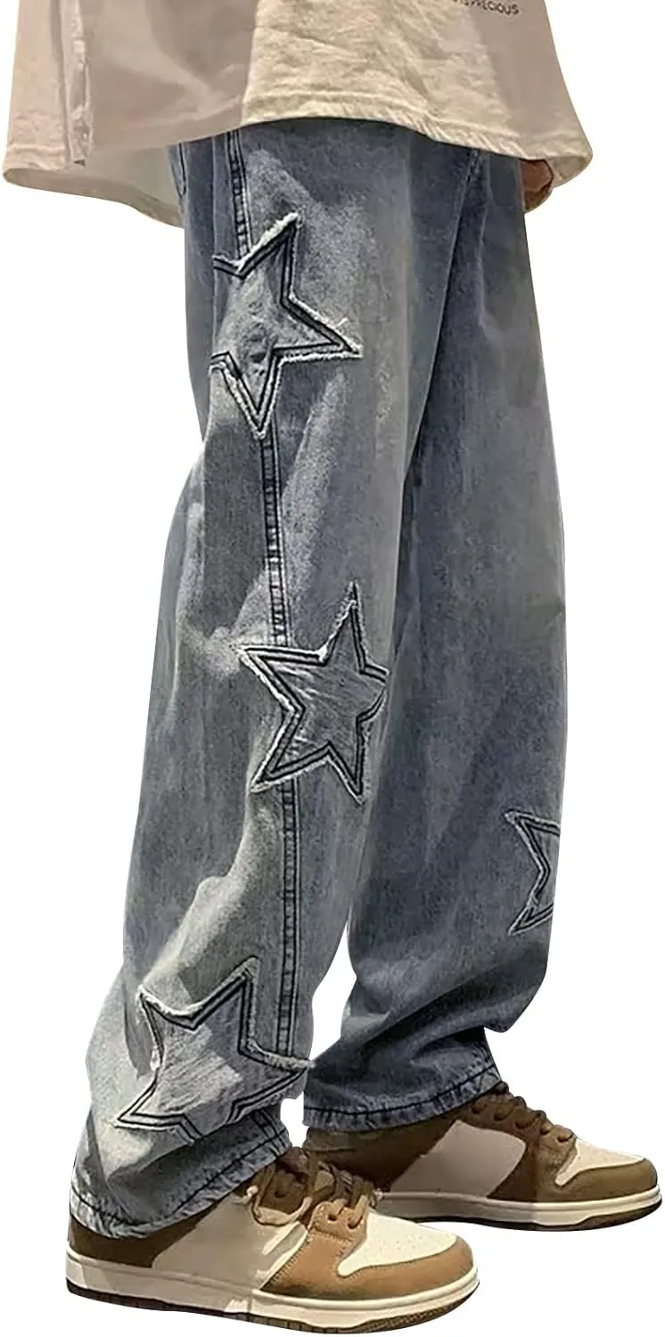 Y2k Pants Men Baggy Jeans Star Embroidery Denim Pants High Waisted Hip Hop Streetwear Casual High Street Trousers