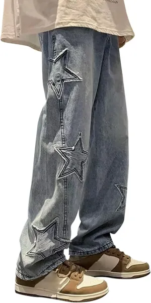 Y2k Pants Men Baggy Jeans Star Embroidery Denim Pants High Waisted Hip Hop Streetwear Casual High Street Trousers