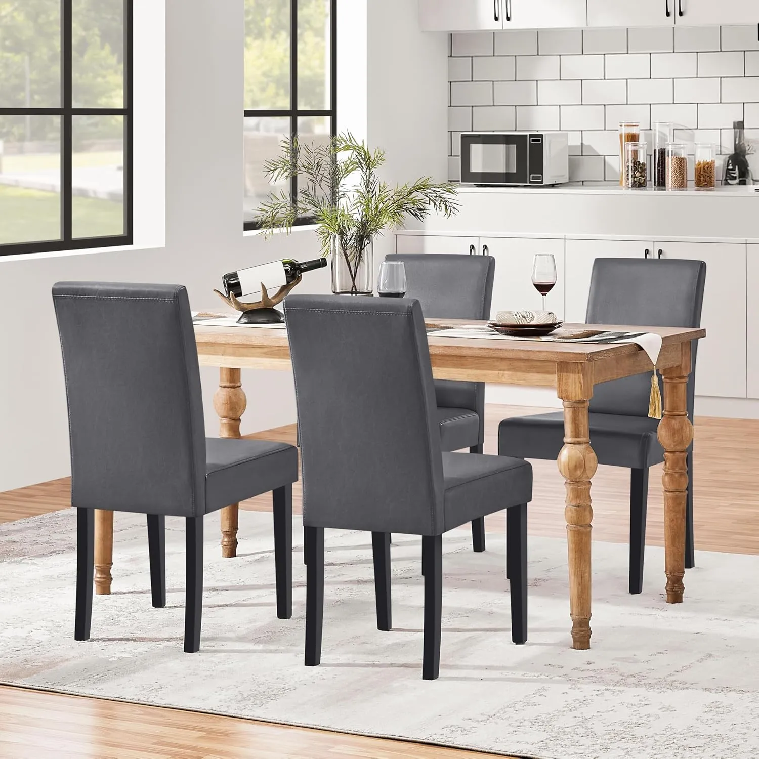Yaheetech Dining Chairs Set of 4 Faux Leather High Back Kitchen Chair Upholstered Armless Side Chair with Waterproof Surface and Wood Legs for Home and Restaurant, Gray