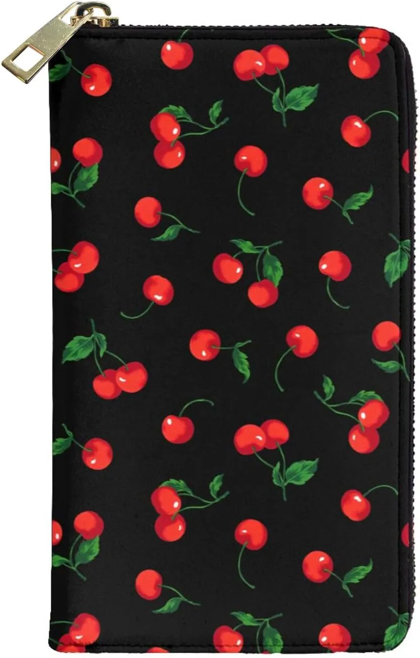 YISHOW Delicious Cherry Wallet Slim Thin Leather Purse Wallet With Zip Around Clutch Casual Handbag For Phone Key Credit Cards