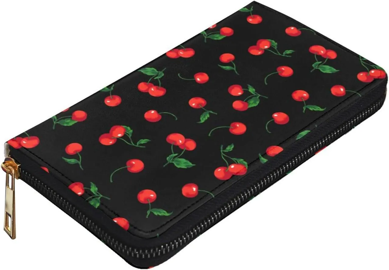 YISHOW Delicious Cherry Wallet Slim Thin Leather Purse Wallet With Zip Around Clutch Casual Handbag For Phone Key Credit Cards