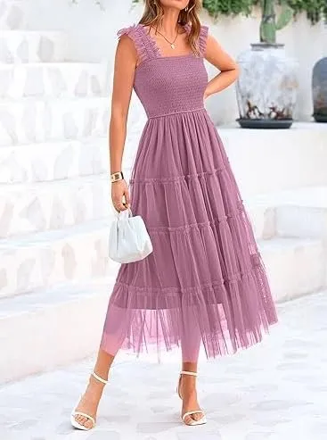 Yoolin Women's Summer Casual Halter Dress Sleeveless Pleated Tulle Fluffy Wedding Guest Party Evening Mid-Length Dress