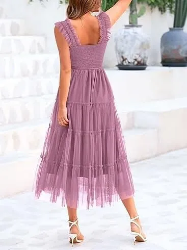 Yoolin Women's Summer Casual Halter Dress Sleeveless Pleated Tulle Fluffy Wedding Guest Party Evening Mid-Length Dress