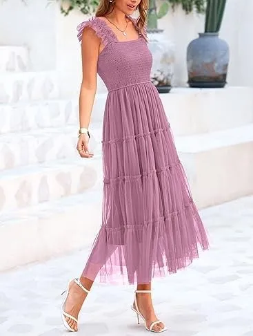 Yoolin Women's Summer Casual Halter Dress Sleeveless Pleated Tulle Fluffy Wedding Guest Party Evening Mid-Length Dress