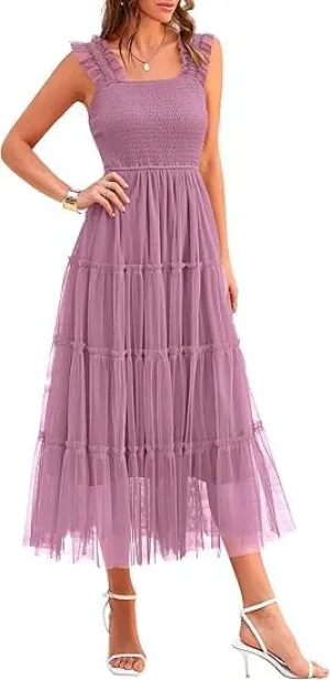 Yoolin Women's Summer Casual Halter Dress Sleeveless Pleated Tulle Fluffy Wedding Guest Party Evening Mid-Length Dress