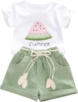 YOUNGER TREE Toddler Baby Girls Clothes Watermelon T-shirt   Linen Shorts with Belt Cute Summer Short Set