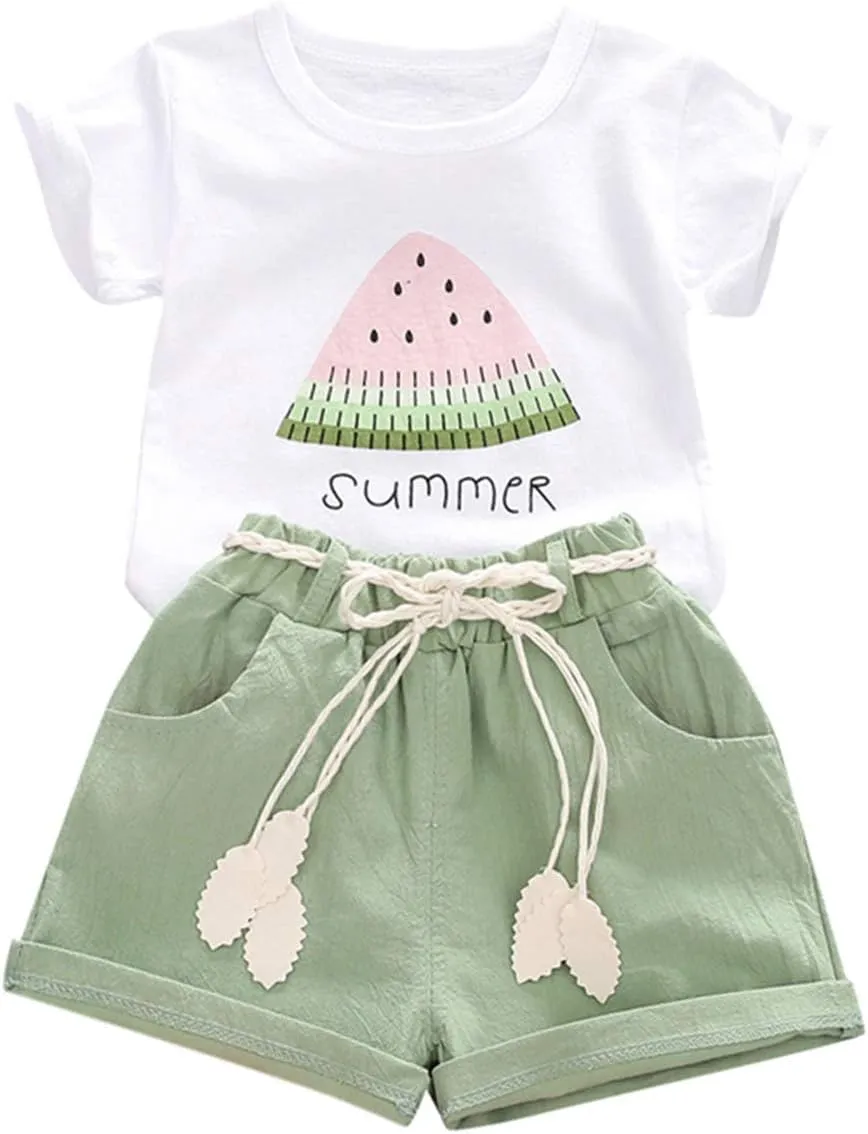 YOUNGER TREE Toddler Baby Girls Clothes Watermelon T-shirt   Linen Shorts with Belt Cute Summer Short Set