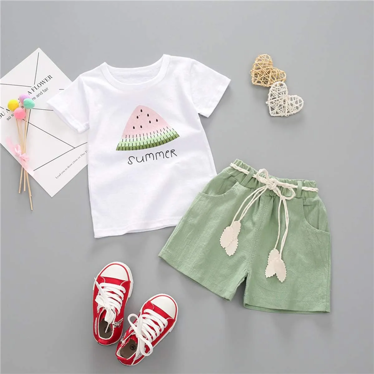 YOUNGER TREE Toddler Baby Girls Clothes Watermelon T-shirt   Linen Shorts with Belt Cute Summer Short Set