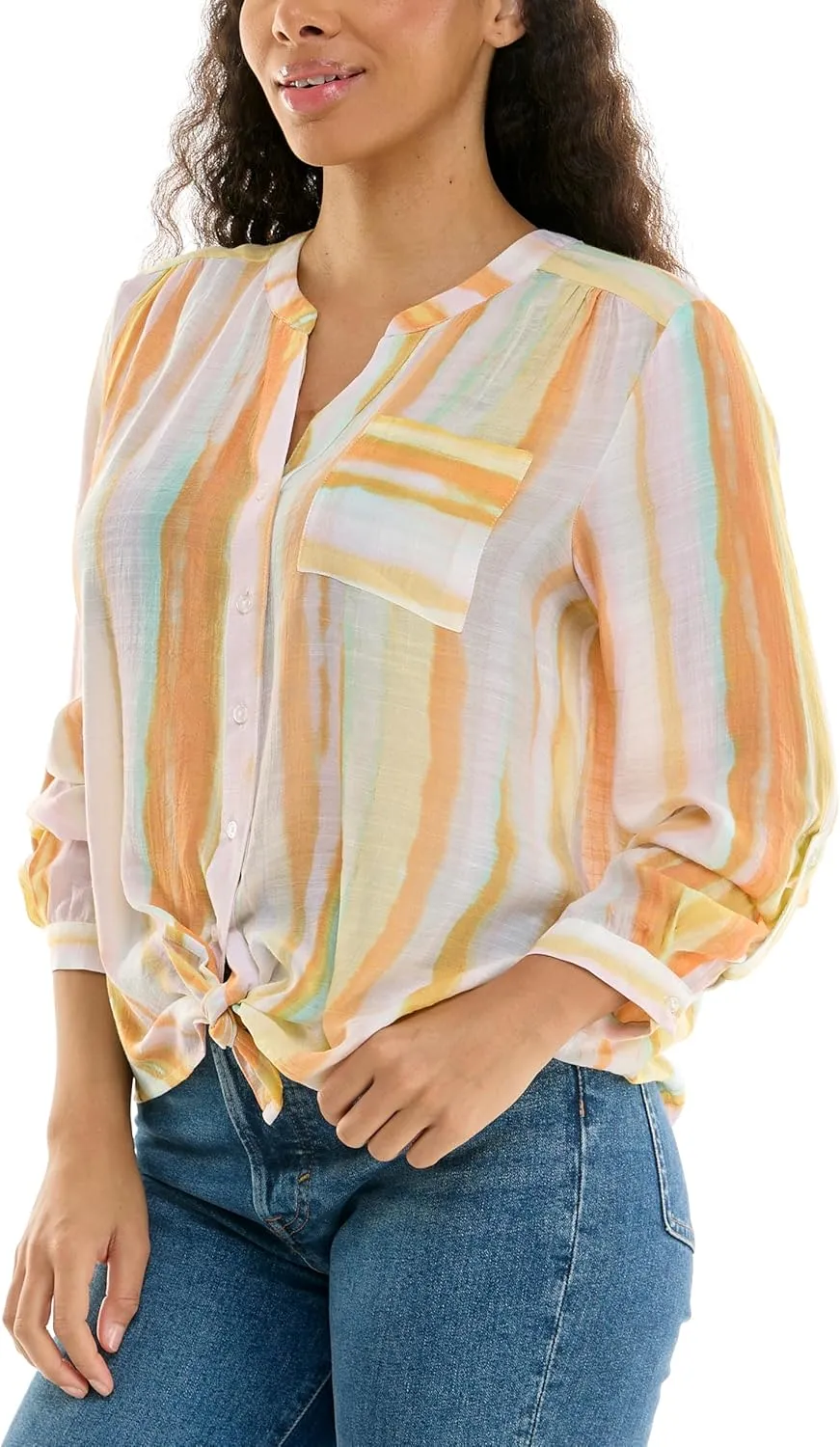 Zac & Rachel Women's Long Sleeve Linen-Like Button Up Shirt with Front Tie   Pocket
