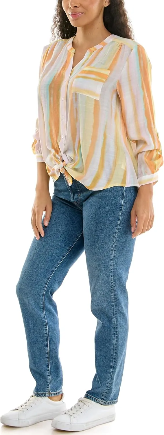 Zac & Rachel Women's Long Sleeve Linen-Like Button Up Shirt with Front Tie   Pocket