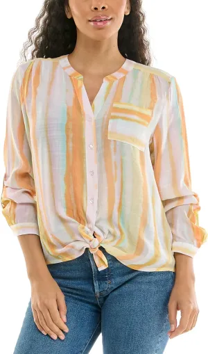 Zac & Rachel Women's Long Sleeve Linen-Like Button Up Shirt with Front Tie   Pocket