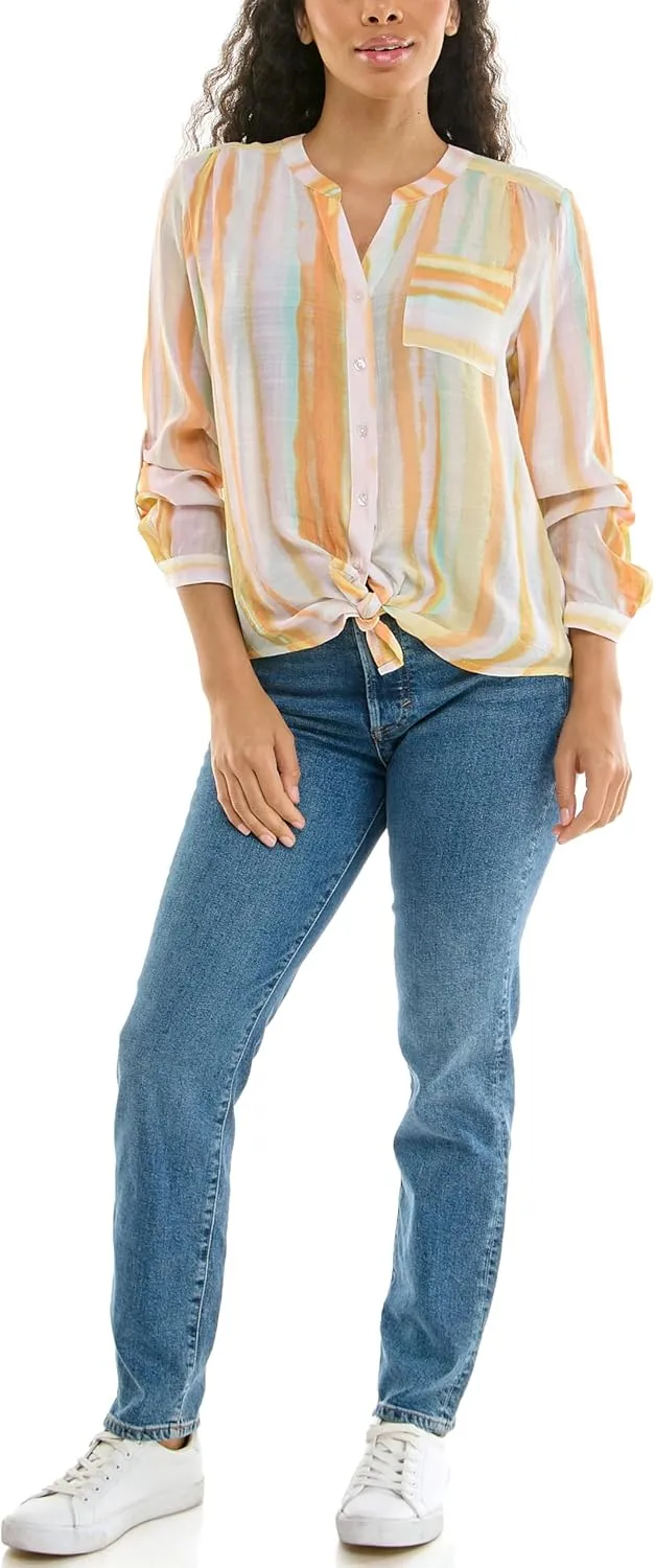 Zac & Rachel Women's Long Sleeve Linen-Like Button Up Shirt with Front Tie   Pocket