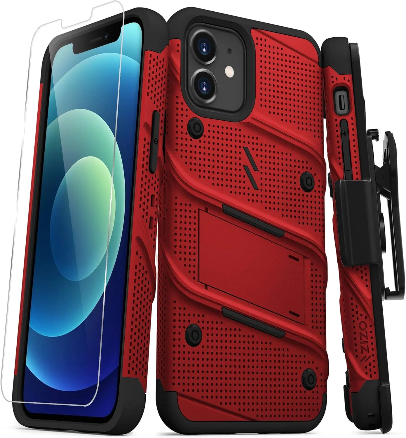 Zizo Bolt Series for iPhone 12 / iPhone 12 Pro Case with Screen Protector Kickstand Holster Lanyard - Red & Black