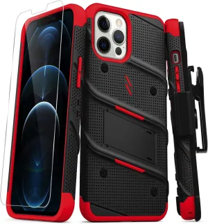 Zizo Bolt Series for iPhone 12 Pro Max Case with Screen Protector Kickstand Holster Lanyard - Black & Red