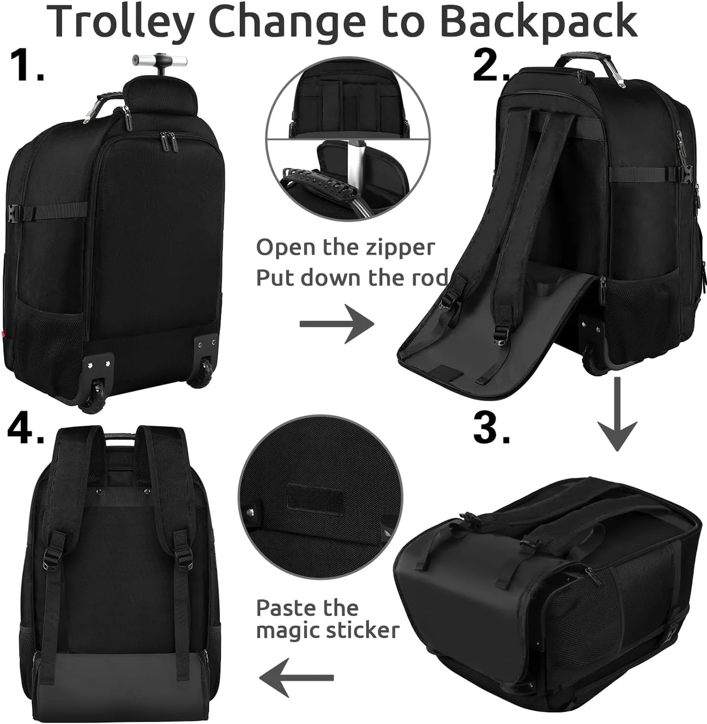 ZOMFELT Rolling Backpack, X-Lare Travel Backpack with Wheels, Carry on Backpack with 3 Packing Cubes, 18 Inch Wheeled Laptop Backpack for Men Women Adults to Travel Work Business Black