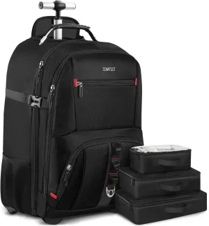 ZOMFELT Rolling Backpack, X-Lare Travel Backpack with Wheels, Carry on Backpack with 3 Packing Cubes, 18 Inch Wheeled Laptop Backpack for Men Women Adults to Travel Work Business Black