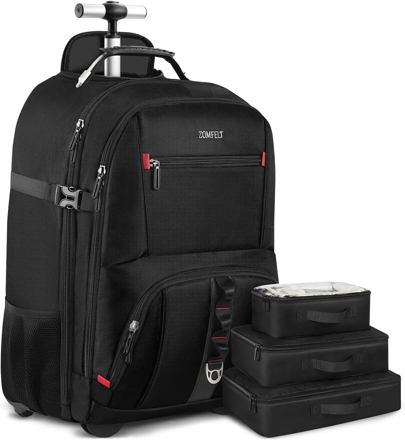 ZOMFELT Rolling Backpack, X-Lare Travel Backpack with Wheels, Carry on Backpack with 3 Packing Cubes, 18 Inch Wheeled Laptop Backpack for Men Women Adults to Travel Work Business Black