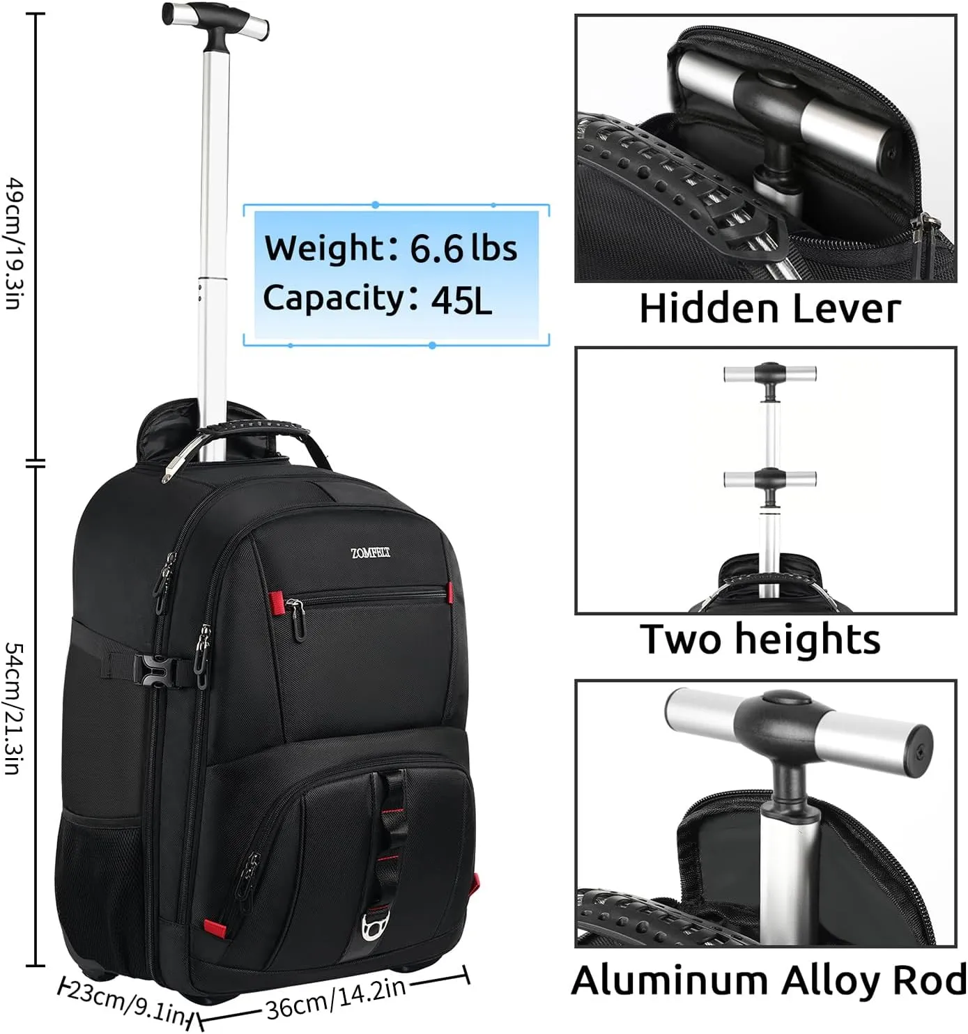 ZOMFELT Rolling Backpack, X-Lare Travel Backpack with Wheels, Carry on Backpack with 3 Packing Cubes, 18 Inch Wheeled Laptop Backpack for Men Women Adults to Travel Work Business Black