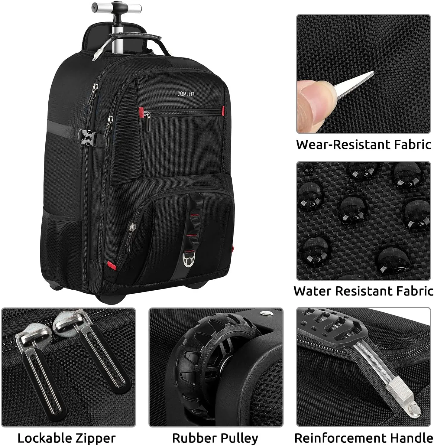 ZOMFELT Rolling Backpack, X-Lare Travel Backpack with Wheels, Carry on Backpack with 3 Packing Cubes, 18 Inch Wheeled Laptop Backpack for Men Women Adults to Travel Work Business Black