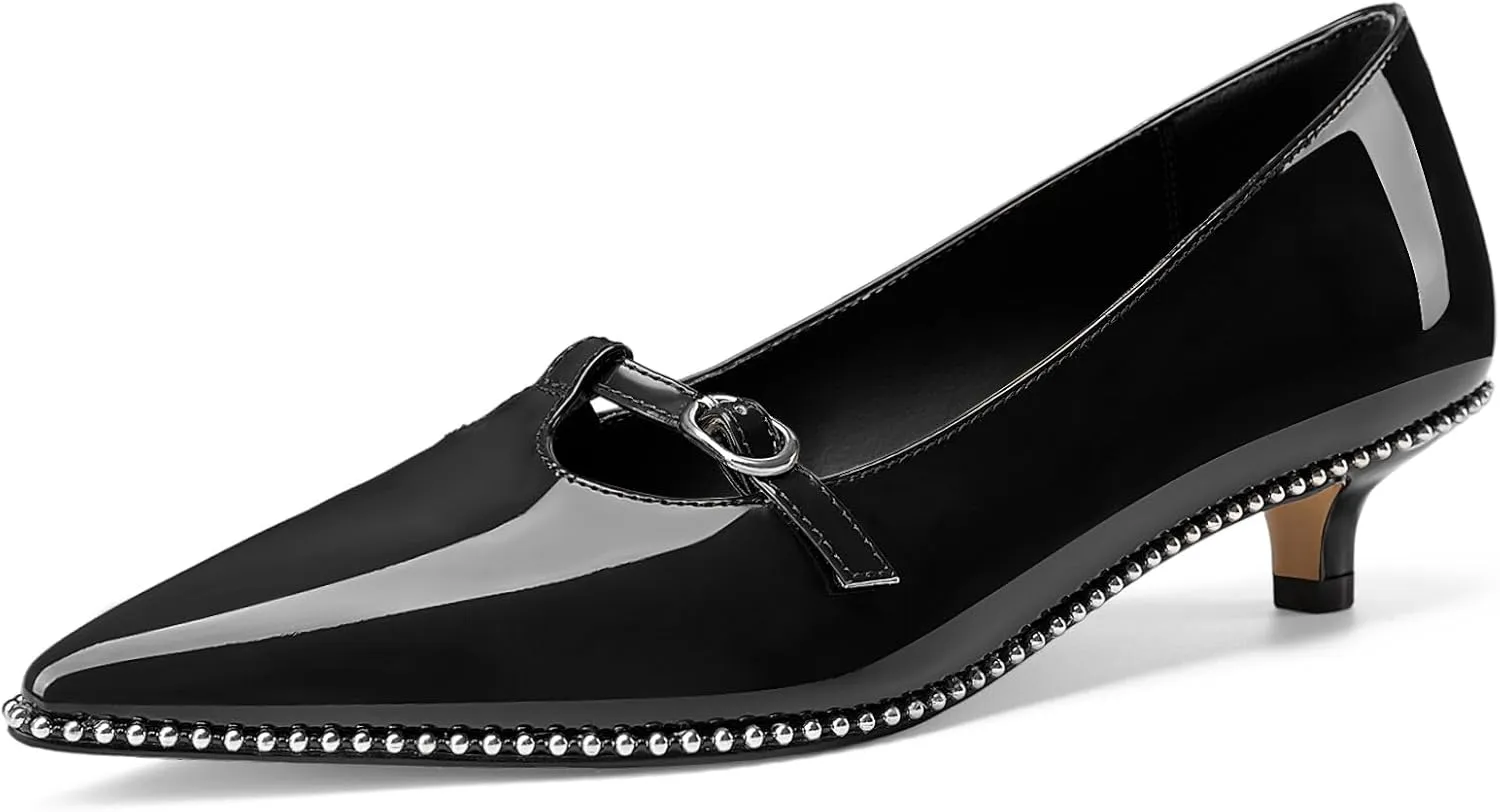 Z.Oufeier Women's Low Kitten Heels Pointed Toe Beaded Pumps Strap Buckle Patent Leather Slip-on Comfortable Office Work Dress Shoes Kitty Heels