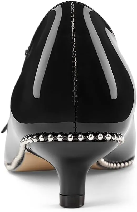 Z.Oufeier Women's Low Kitten Heels Pointed Toe Beaded Pumps Strap Buckle Patent Leather Slip-on Comfortable Office Work Dress Shoes Kitty Heels