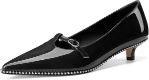 Z.Oufeier Women's Low Kitten Heels Pointed Toe Beaded Pumps Strap Buckle Patent Leather Slip-on Comfortable Office Work Dress Shoes Kitty Heels