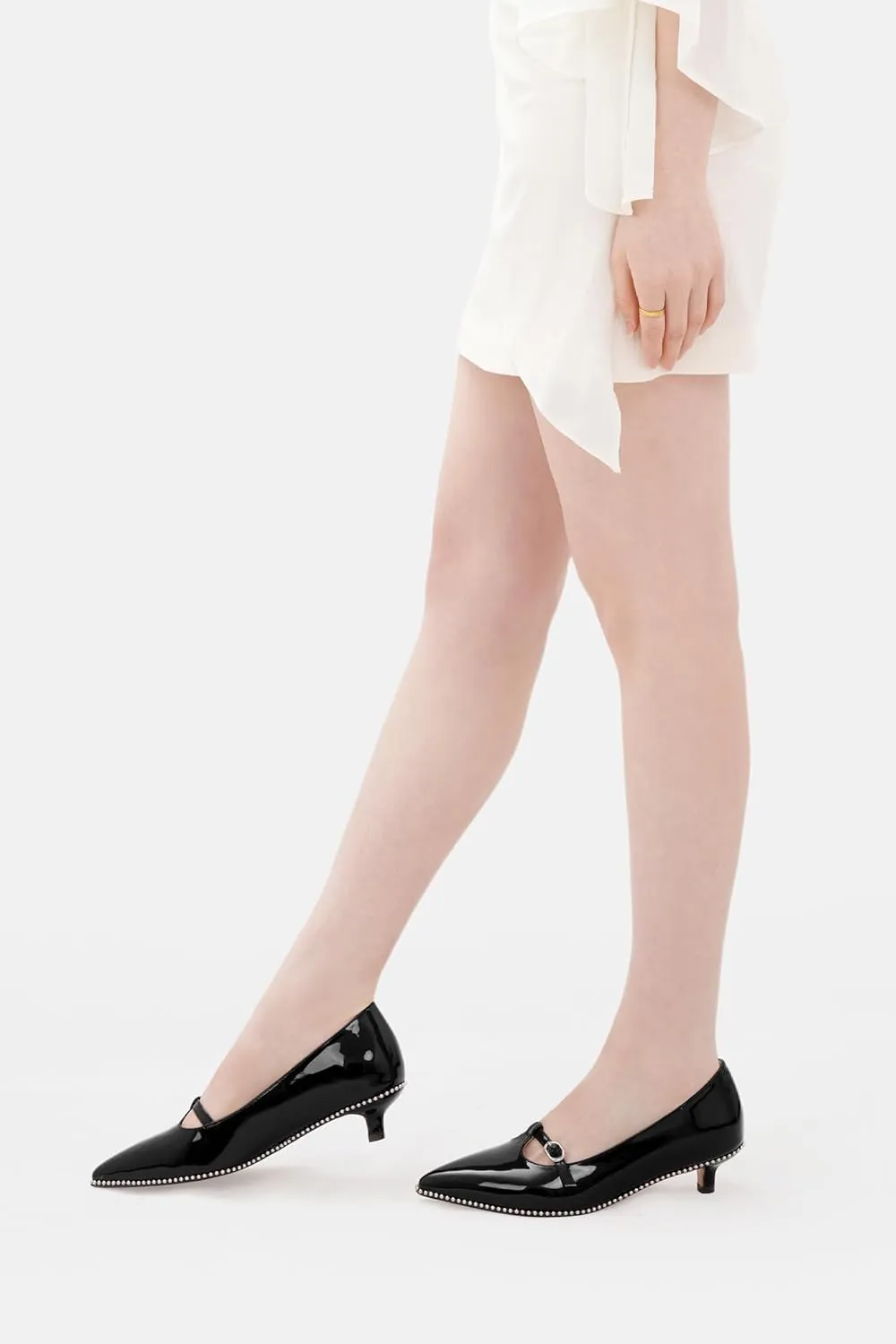 Z.Oufeier Women's Low Kitten Heels Pointed Toe Beaded Pumps Strap Buckle Patent Leather Slip-on Comfortable Office Work Dress Shoes Kitty Heels